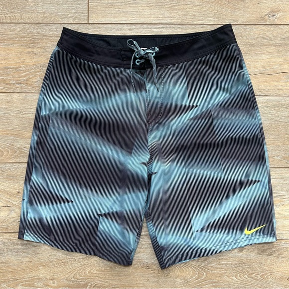 Nike Other - NIKE Mens Swimming Suit Shorts Size 34 Tie Front Black Blue Striped Geometric